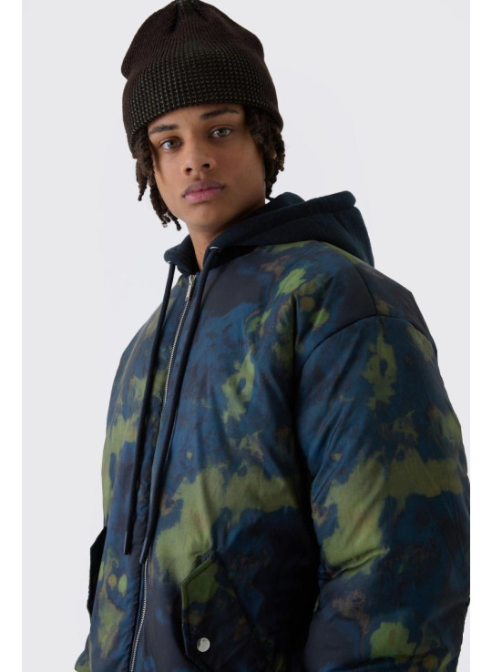 Великий темно-синій куртка-бомбер з абстрактним принтом і капюшоном