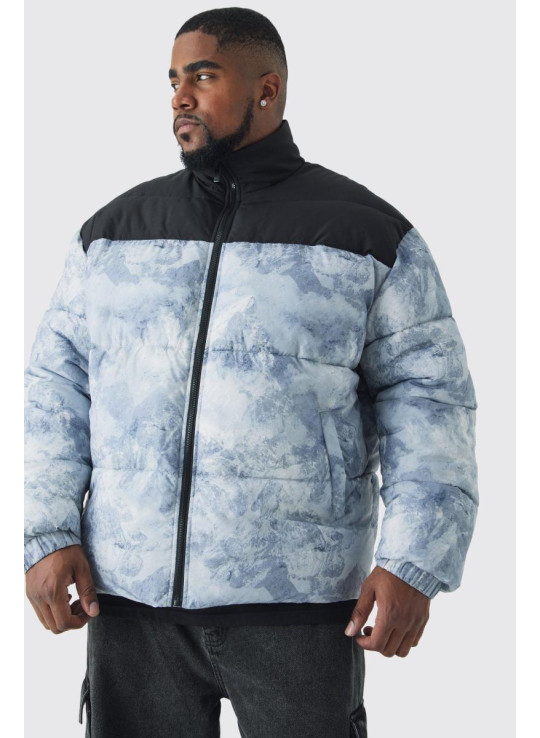 Сіра куртка-пуховик із кольоровим принтом із воронковим вирізом