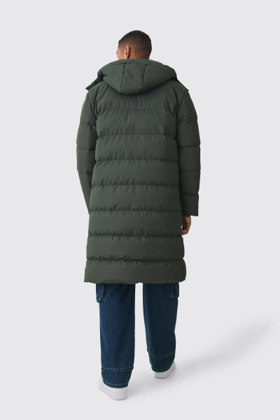 Пуховик кольору хакі з подовженим капюшоном